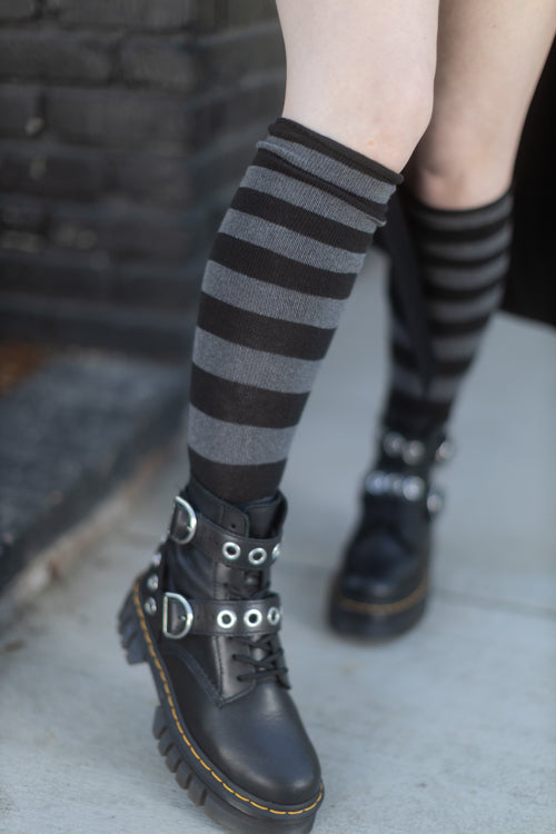 Roll Top Striped Knee High Socks