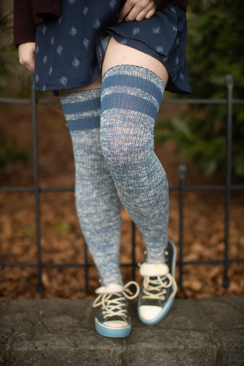 Top-Striped Marled Scrunchable Thigh High Socks