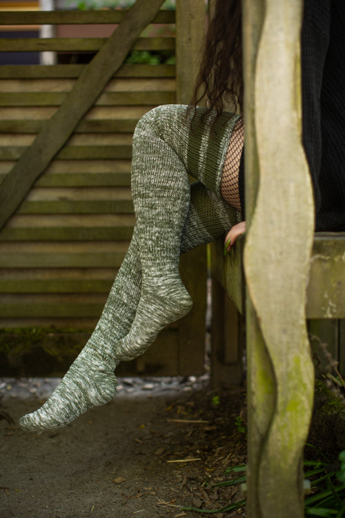 Top-Striped Marled Scrunchable Thigh High Socks