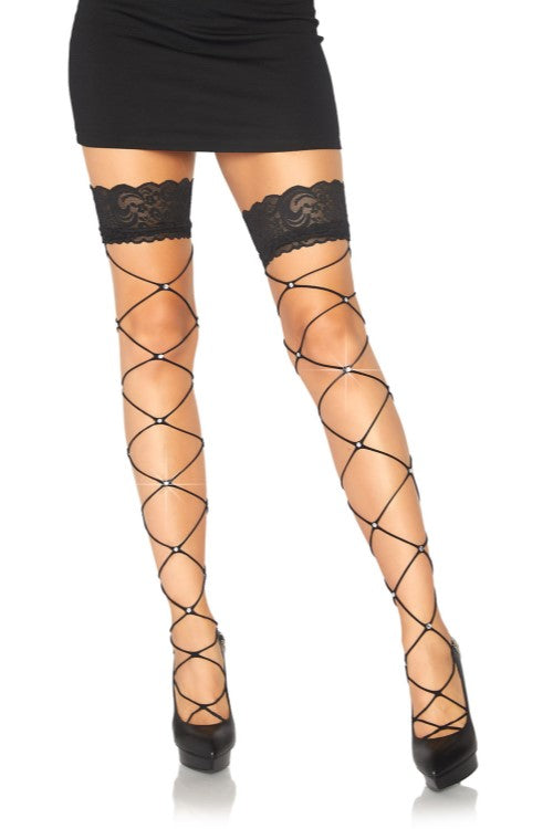 Crystalized Wide Net Lace Stay-Up Top Thigh High