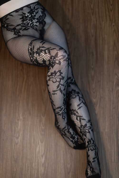 French Cut Dahlia Lace Tights with Net Thigh Detail