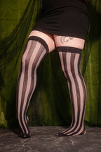 Vertical Net & Opaque Striped Net Thigh High