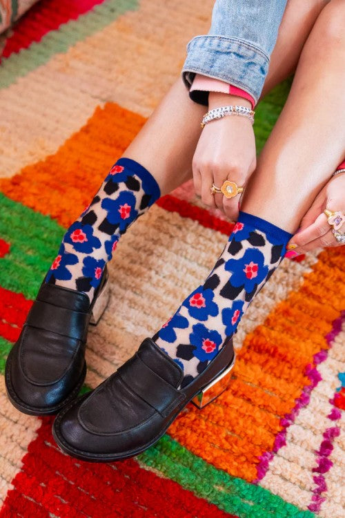 Bold Blue Floral Sheer Crew