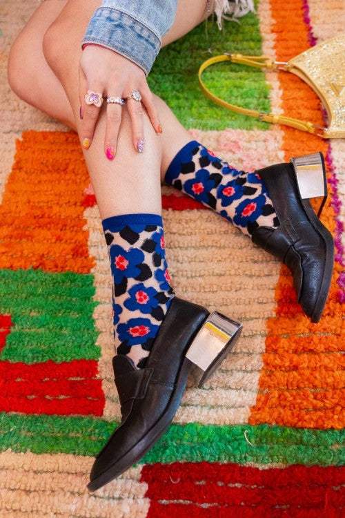 Bold Blue Floral Sheer Crew