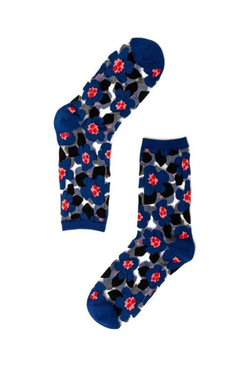 Bold Blue Floral Sheer Crew