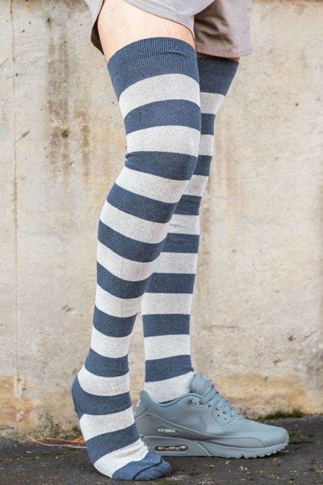 Oops! Extraordinarily Longer Striped Thigh High - Steel/Sweet Cream
