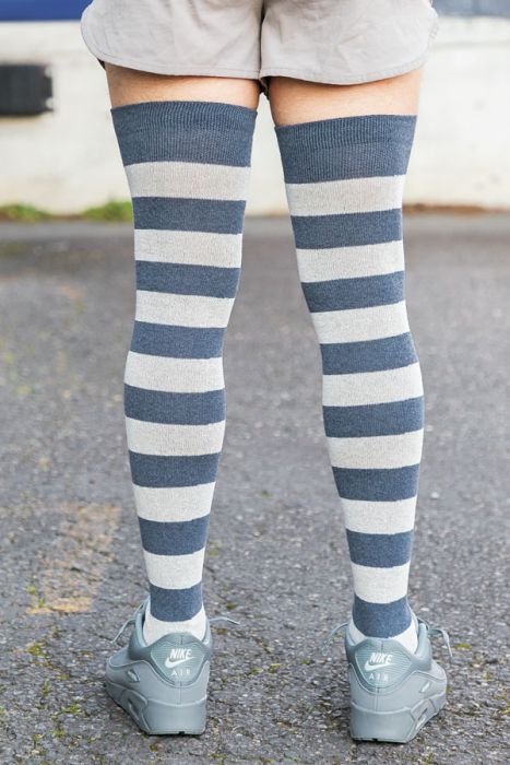 Oops! Extraordinarily Longer Striped Thigh High - Steel/Sweet Cream
