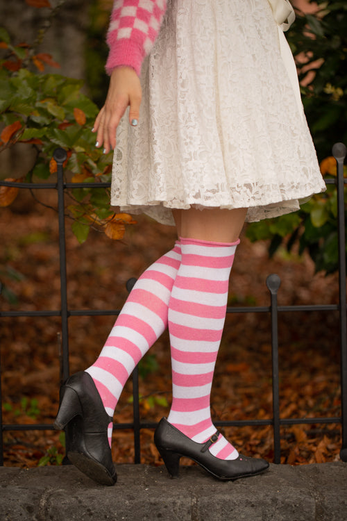 Roll Top Striped Knee High Socks