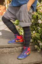 XL Foot Longer Striped Extraordinary Thigh High - Dark Charcoal/Navy